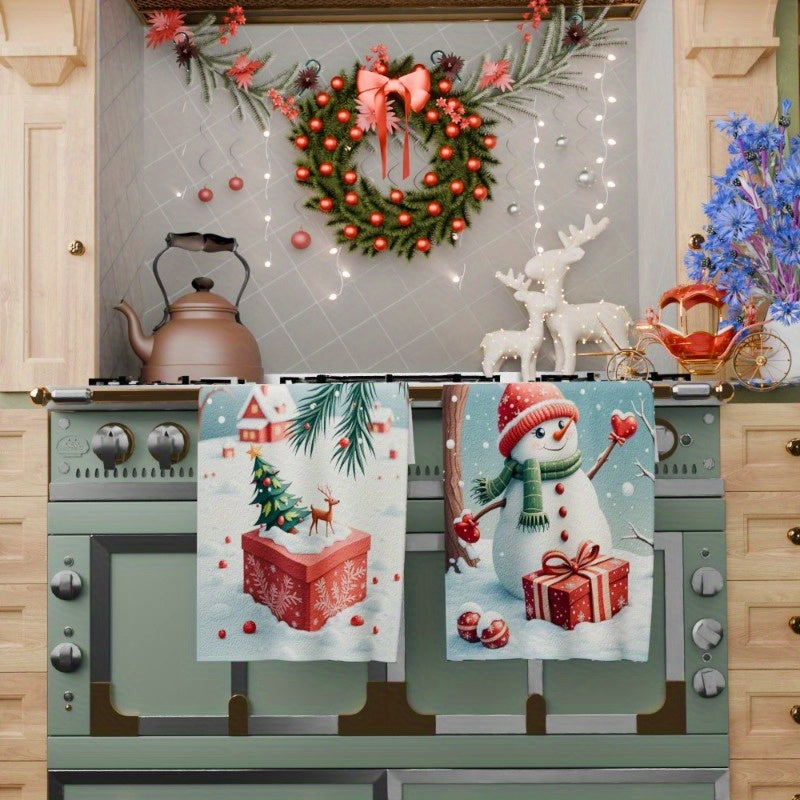 Set of 2 Merry Christmas Kitchen Towels: These soft polyester kitchen towels come in a 2-pack, measuring 45.72x66.04 cm each. Featuring a contemporary Christmas theme, these dish towels are machine washable and woven in a rectangular shape. Add a touch