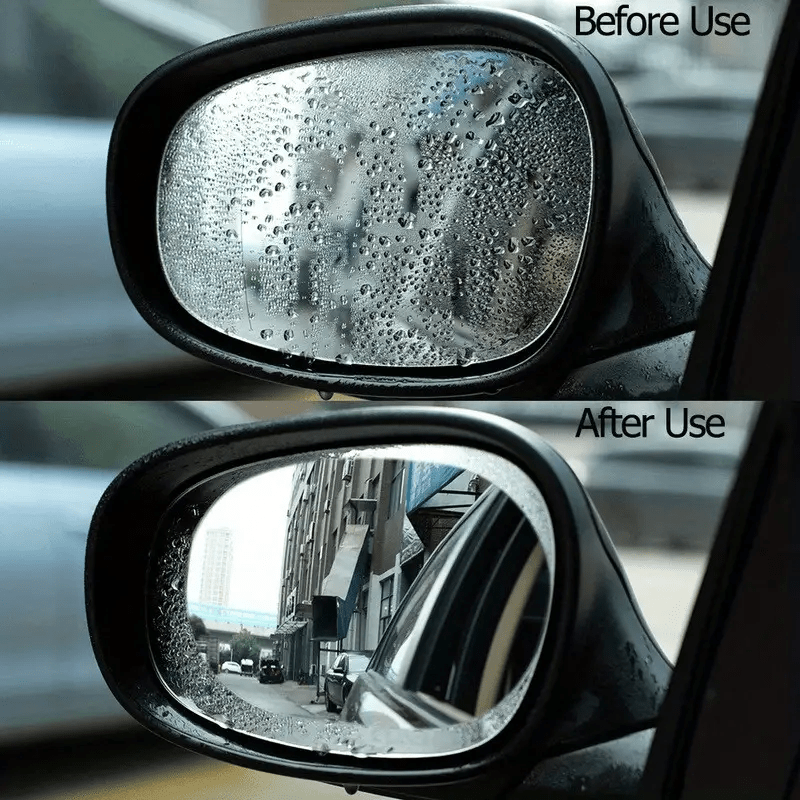 Two pieces of anti-fog, rainproof film for car mirrors - waterproof and clear PET protective stickers for rearview mirrors.