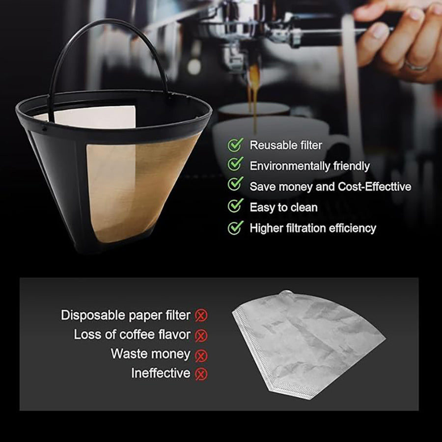 Elevate your coffee experience with the Premium Stainless Steel Reusable No.4 Cone Coffee Filter Basket! This filter is compatible with Cuisinart, Ninja, and other drip coffee makers, ensuring a more flavorful brew every time.