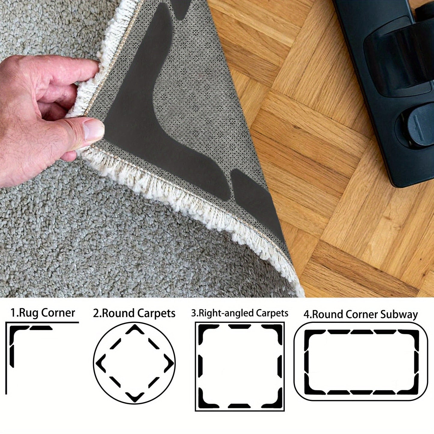 Package of 12 Non-Slip Rug Gripper Tape with Double-Sided Carpet Corner Grippers. These Reusable and Washable Rug Sticky Pads prevent curling and secure area rugs on tile or wood floors. They are a thin design, making them a sleek and safe floor mat