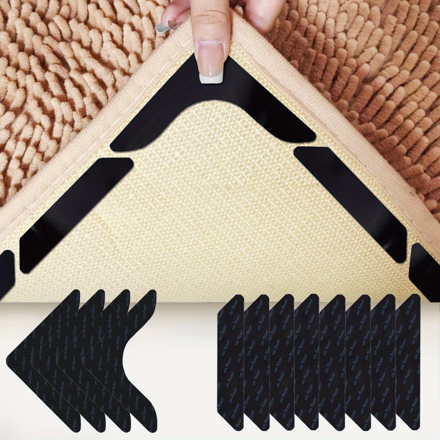 Package of 12 Non-Slip Rug Gripper Tape with Double-Sided Carpet Corner Grippers. These Reusable and Washable Rug Sticky Pads prevent curling and secure area rugs on tile or wood floors. They are a thin design, making them a sleek and safe floor mat