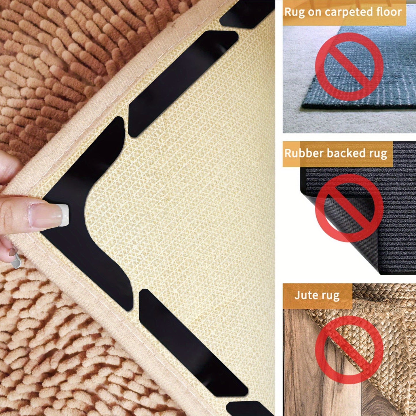 Package of 12 Non-Slip Rug Gripper Tape with Double-Sided Carpet Corner Grippers. These Reusable and Washable Rug Sticky Pads prevent curling and secure area rugs on tile or wood floors. They are a thin design, making them a sleek and safe floor mat