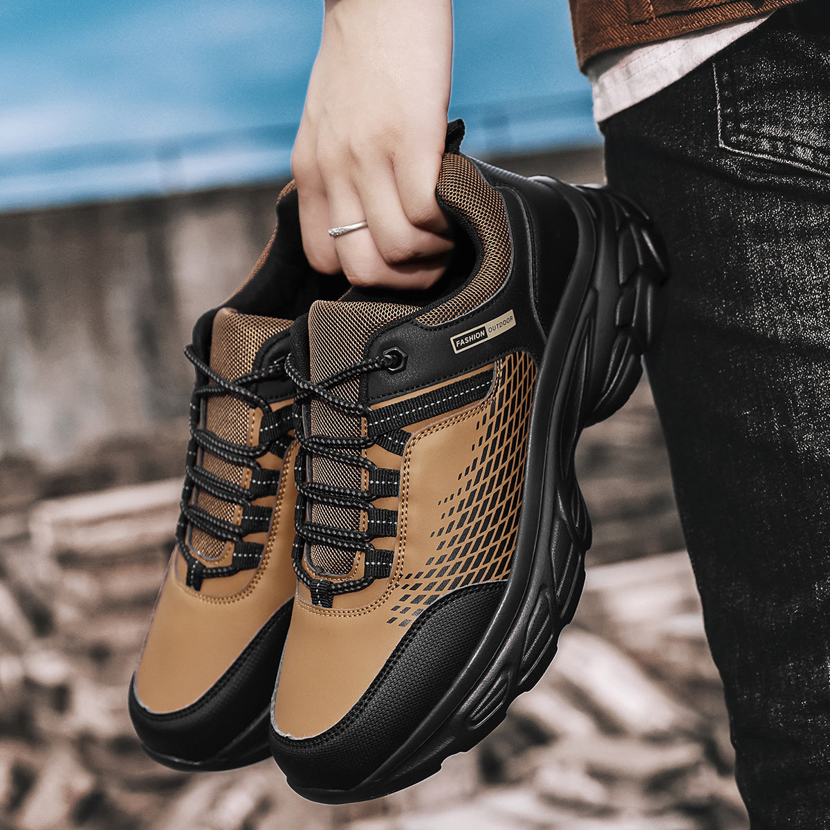 Casual men's footwear for outdoor activities - comfortable for running and hiking, with breathable mesh lining and durable PU upper.