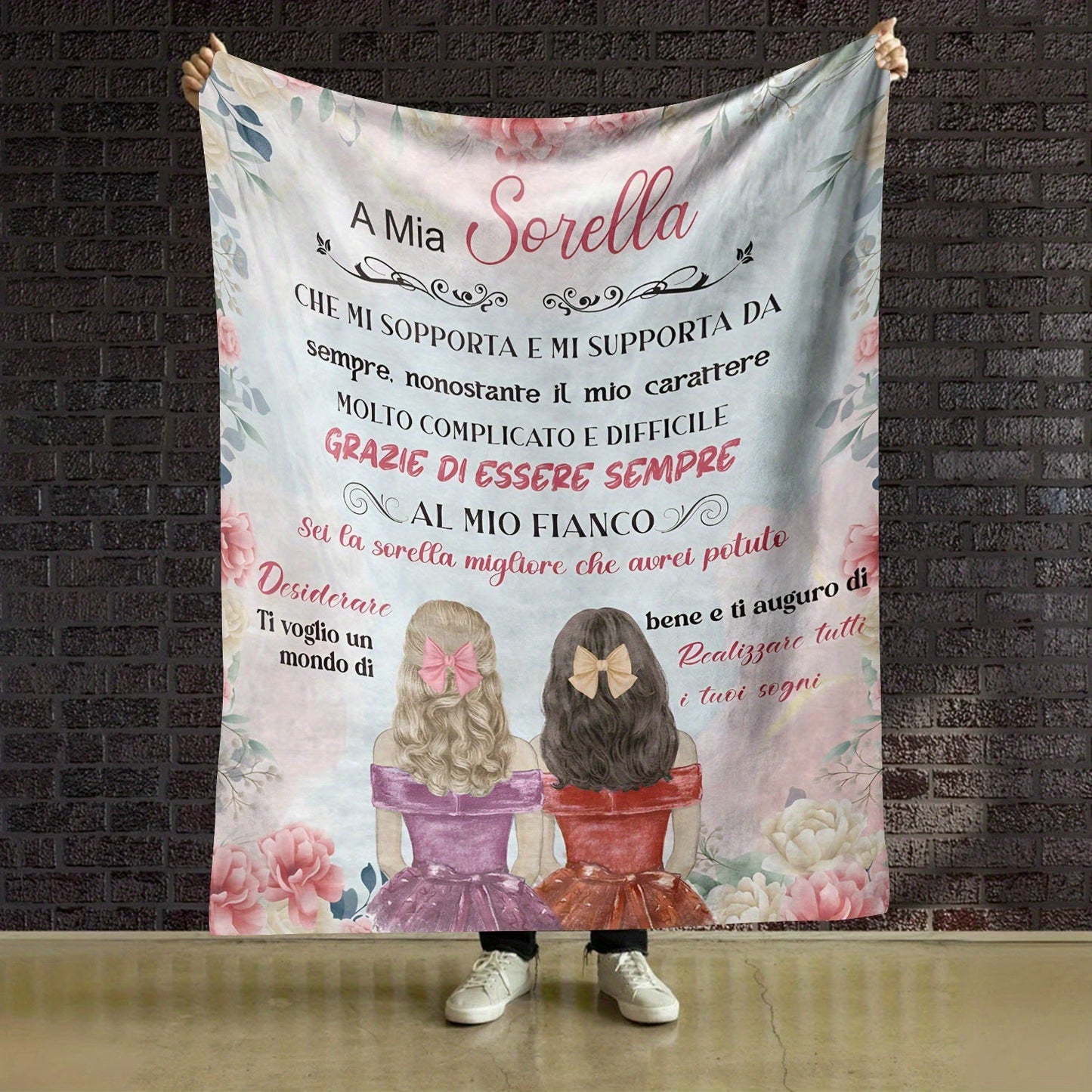 Italian Sister Appreciation Flannel Throw Blanket - Suitable for All Seasons, Featuring a Digital Print on Soft Polyester Knit, Embracing a Cozy Lodge Style. A Versatile Gift for Siblings, with Unique Text and Artwork Design.