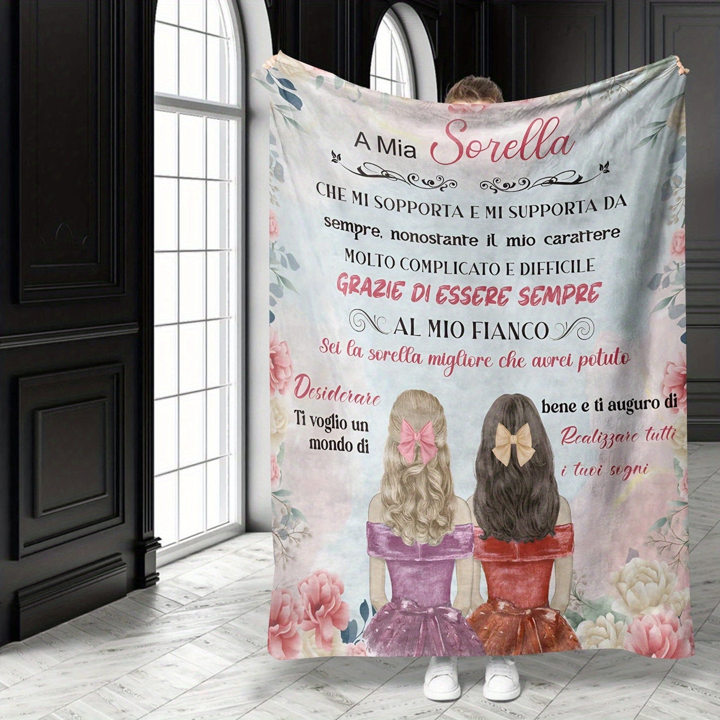 Italian Sister Appreciation Flannel Throw Blanket - Suitable for All Seasons, Featuring a Digital Print on Soft Polyester Knit, Embracing a Cozy Lodge Style. A Versatile Gift for Siblings, with Unique Text and Artwork Design.