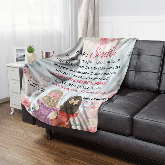 Italian Sister Appreciation Flannel Throw Blanket - Suitable for All Seasons, Featuring a Digital Print on Soft Polyester Knit, Embracing a Cozy Lodge Style. A Versatile Gift for Siblings, with Unique Text and Artwork Design.