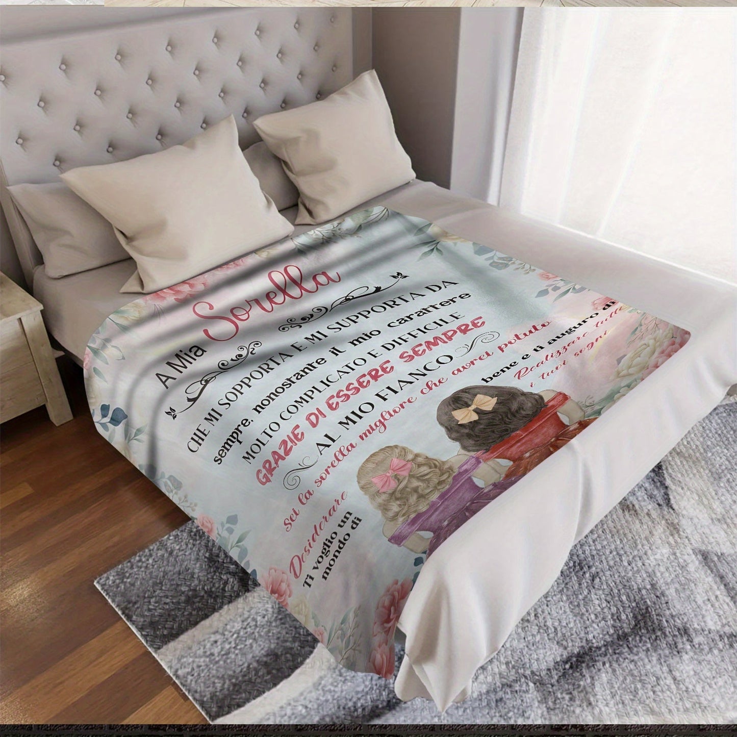 Italian Sister Appreciation Flannel Throw Blanket - Suitable for All Seasons, Featuring a Digital Print on Soft Polyester Knit, Embracing a Cozy Lodge Style. A Versatile Gift for Siblings, with Unique Text and Artwork Design.