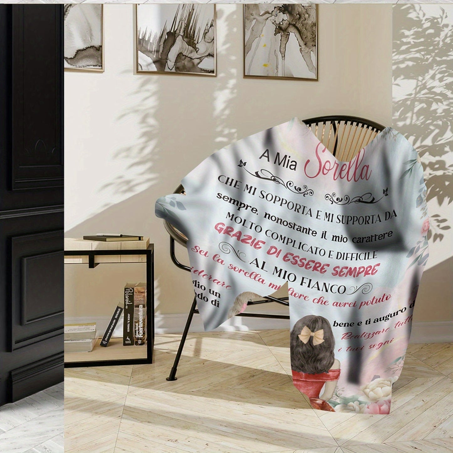 Italian Sister Appreciation Flannel Throw Blanket - Suitable for All Seasons, Featuring a Digital Print on Soft Polyester Knit, Embracing a Cozy Lodge Style. A Versatile Gift for Siblings, with Unique Text and Artwork Design.