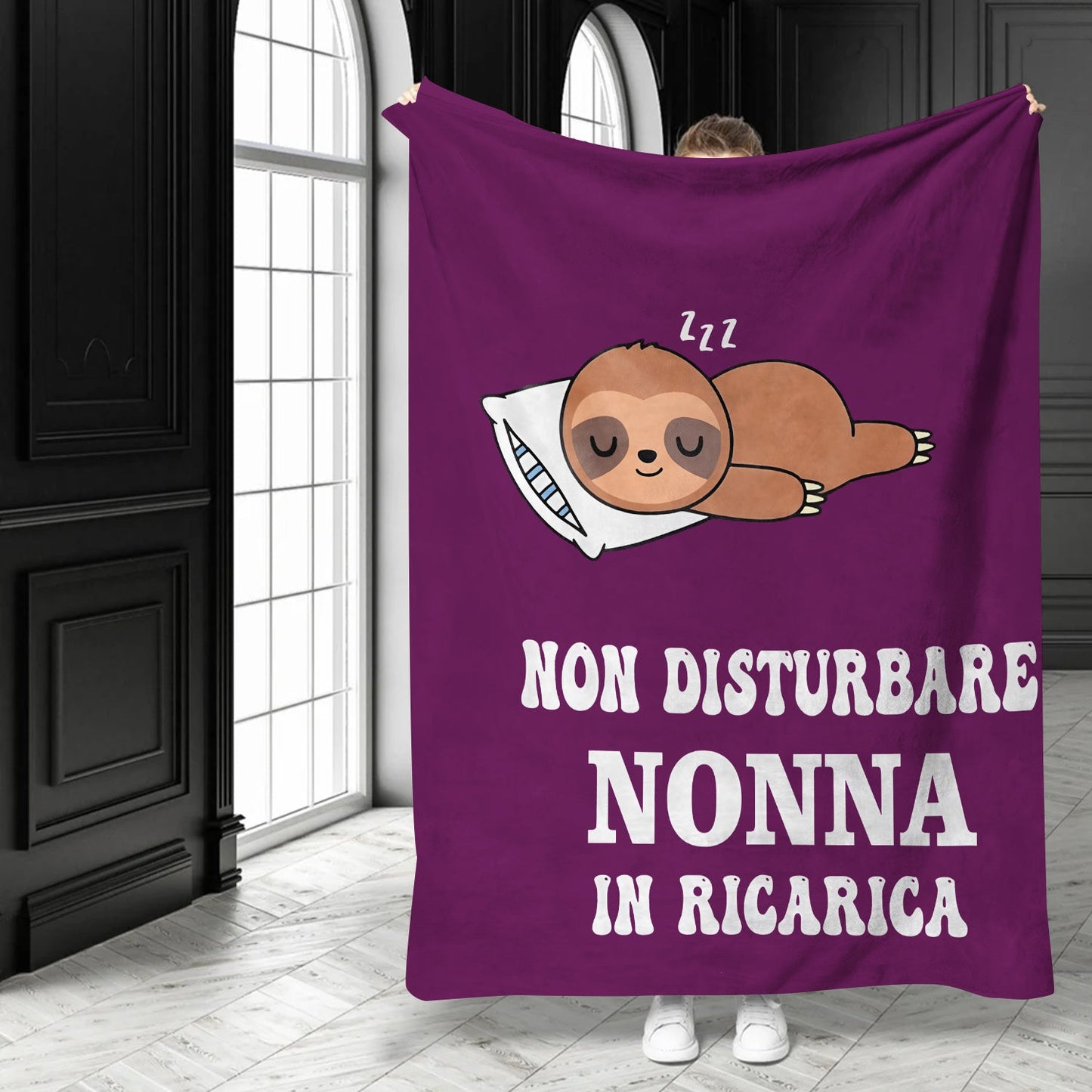 Cozy All-Season Flannel Throw Blanket featuring an Italian Quote for Grandmother, with Soft Digital Print Cartoon Sloth Design. Made from Knitted Polyester in a Lodge Style, this Blanket is perfect for All Occasions. Lightweight and Cozy at 200-250 gsm