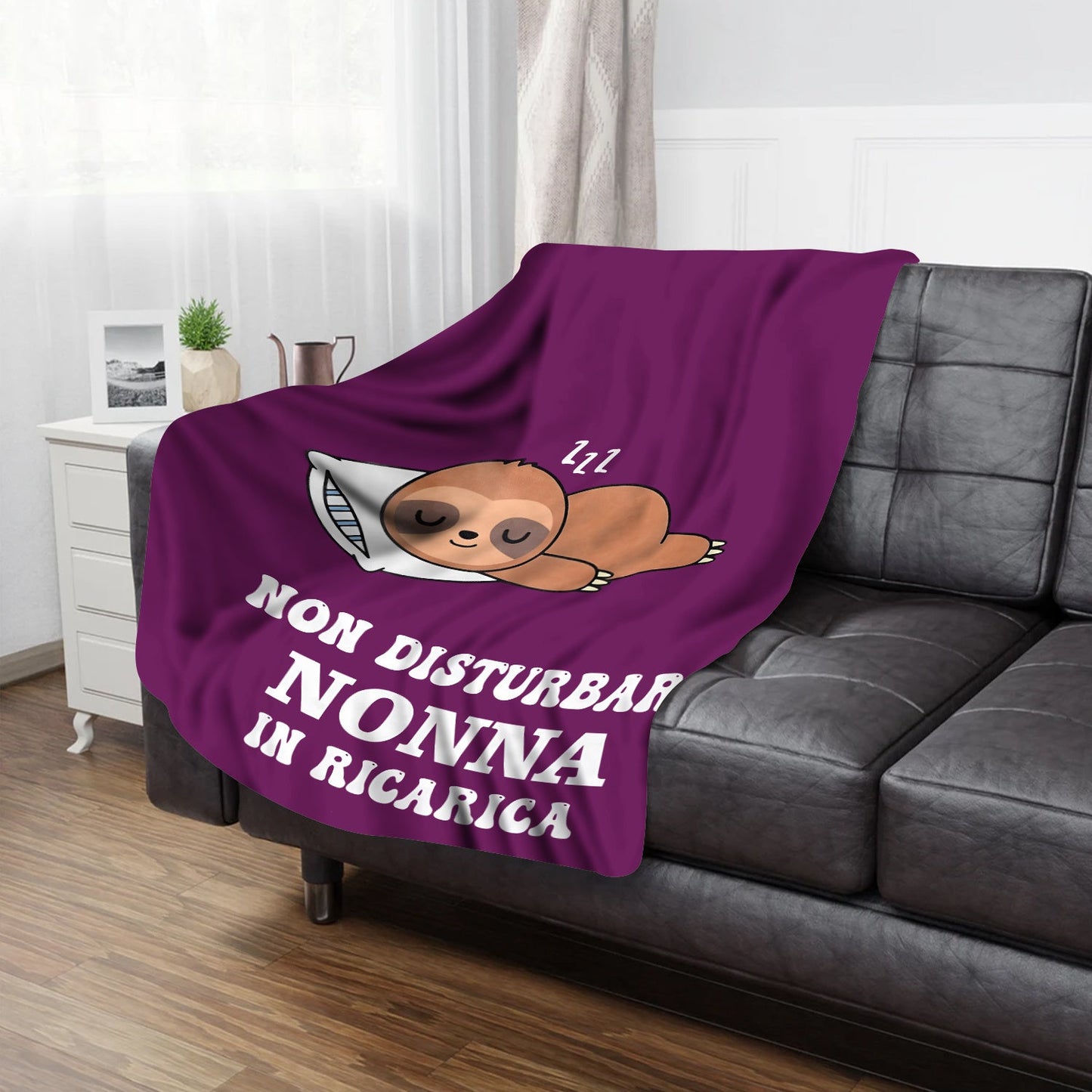 Cozy All-Season Flannel Throw Blanket featuring an Italian Quote for Grandmother, with Soft Digital Print Cartoon Sloth Design. Made from Knitted Polyester in a Lodge Style, this Blanket is perfect for All Occasions. Lightweight and Cozy at 200-250 gsm