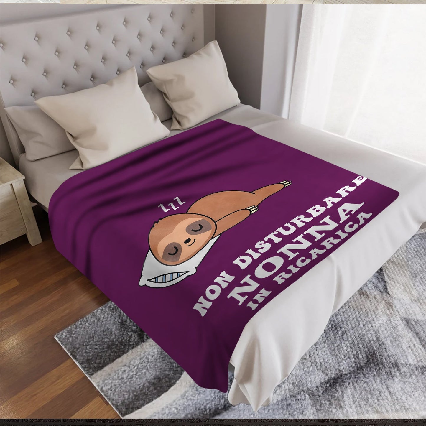 Cozy All-Season Flannel Throw Blanket featuring an Italian Quote for Grandmother, with Soft Digital Print Cartoon Sloth Design. Made from Knitted Polyester in a Lodge Style, this Blanket is perfect for All Occasions. Lightweight and Cozy at 200-250 gsm