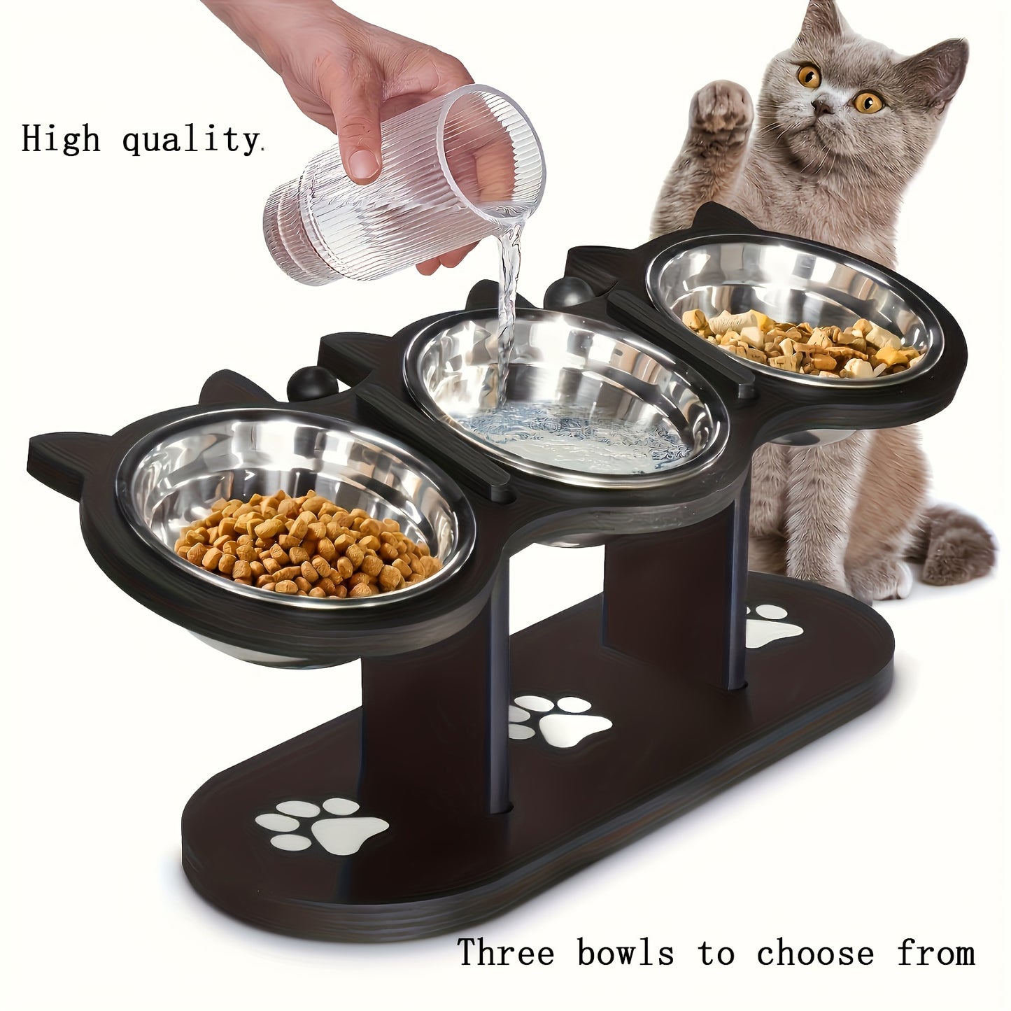 3-Tier Elevated Cat Feeder with Adjustable Angle, Stainless Steel Bowls, Easy Assembly and Detachable for Cleaning, Ideal for Multiple Cats.