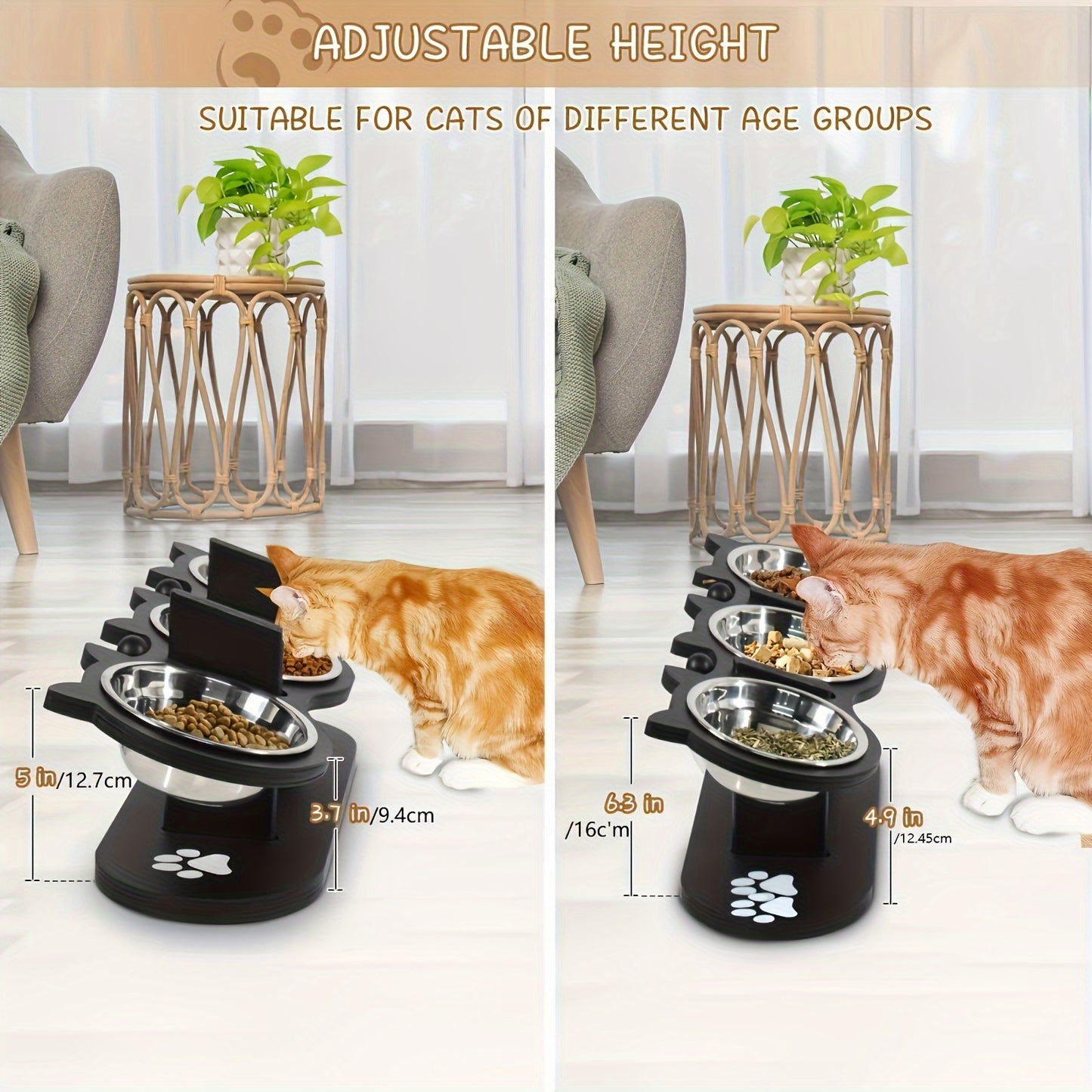 3-Tier Elevated Cat Feeder with Adjustable Angle, Stainless Steel Bowls, Easy Assembly and Detachable for Cleaning, Ideal for Multiple Cats.