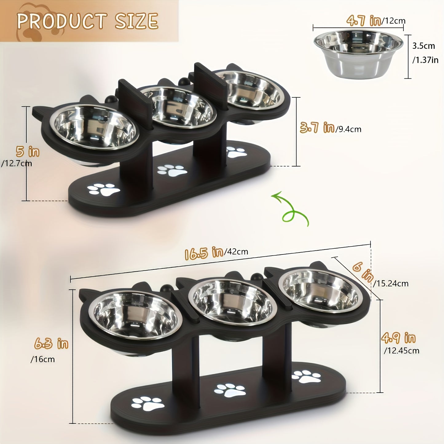 3-Tier Elevated Cat Feeder with Adjustable Angle, Stainless Steel Bowls, Easy Assembly and Detachable for Cleaning, Ideal for Multiple Cats.