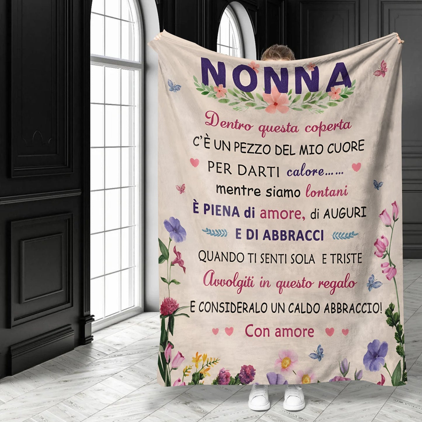 Soft Italian flannel blanket with personalized text print, perfect as a gift.