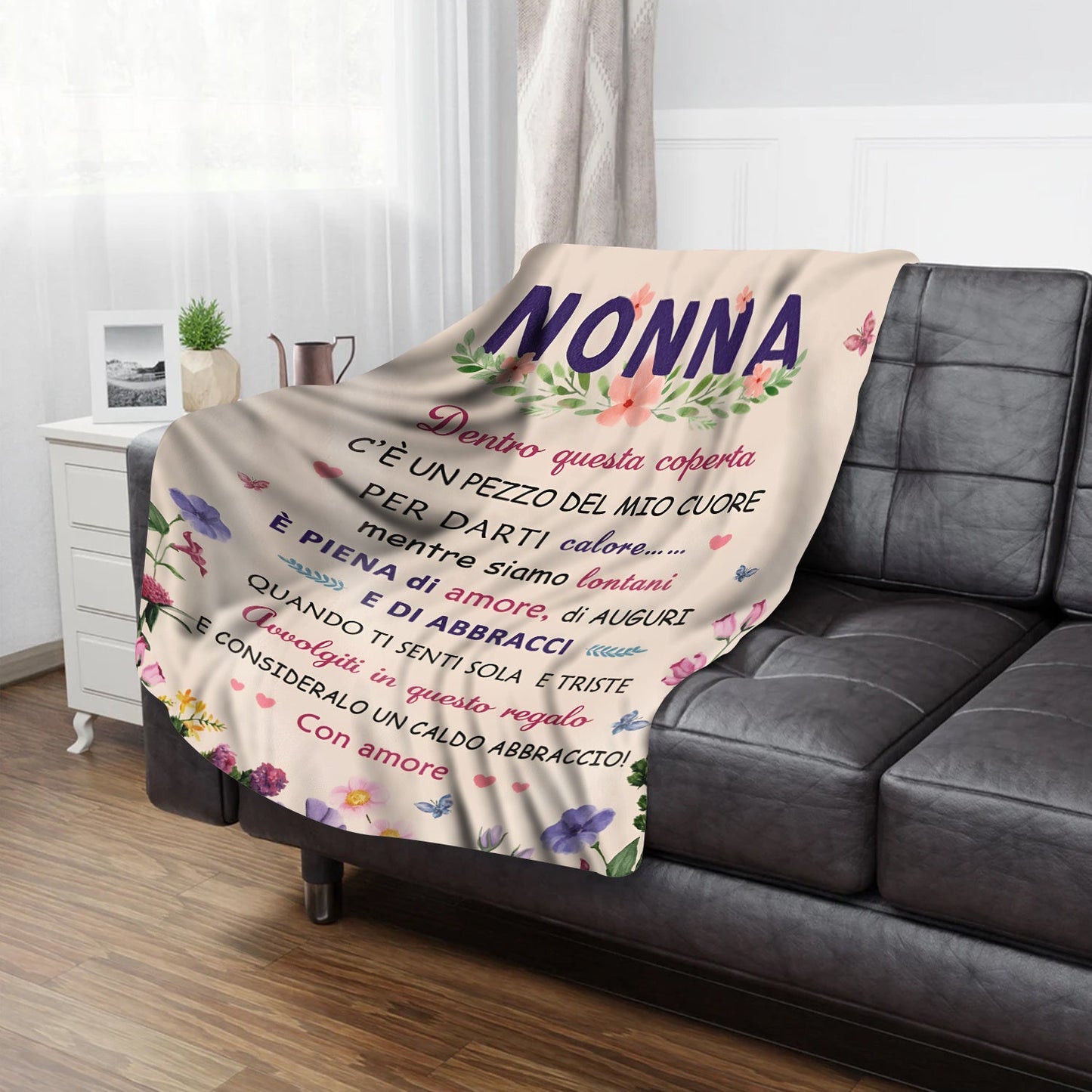 Soft Italian flannel blanket with personalized text print, perfect as a gift.