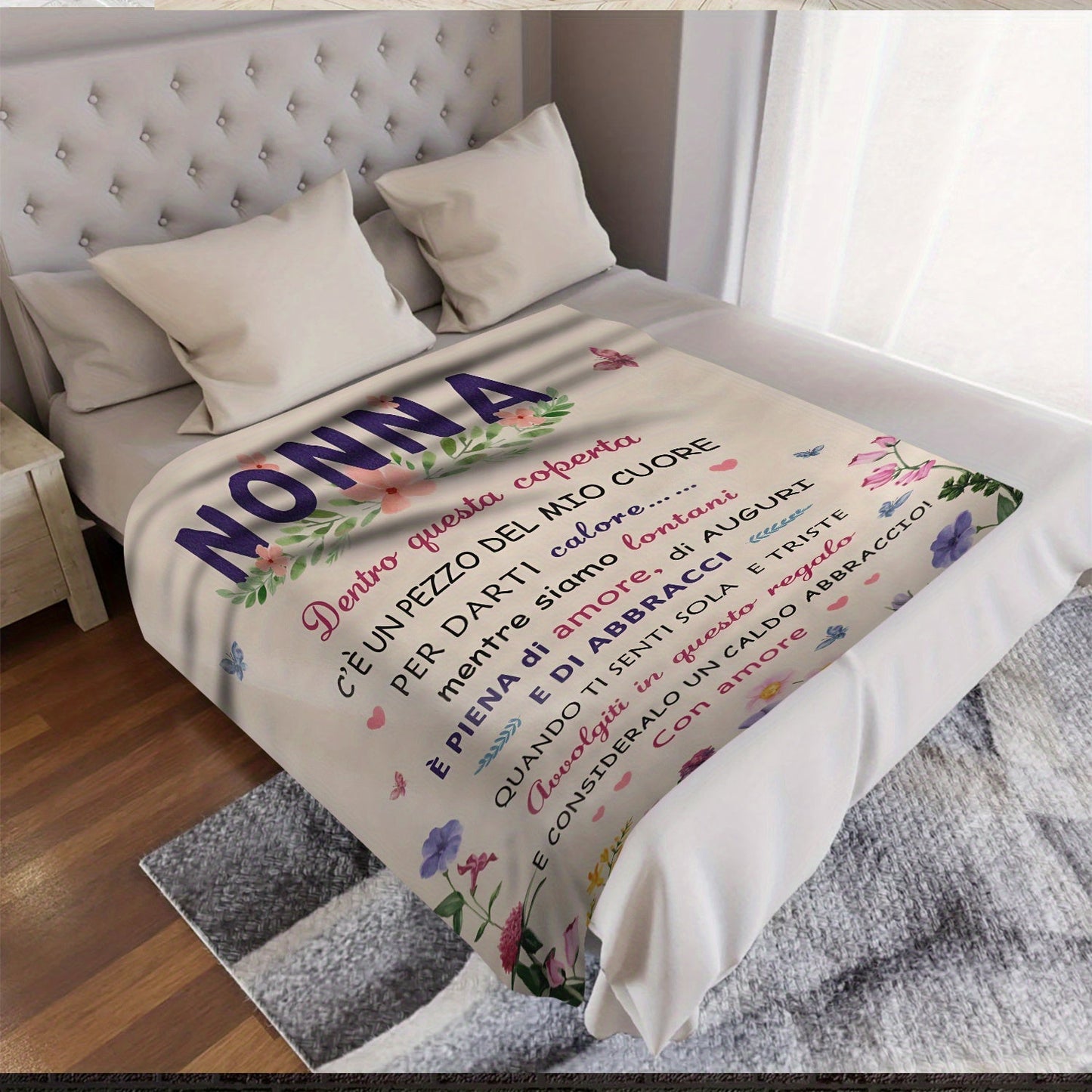 Soft Italian flannel blanket with personalized text print, perfect as a gift.