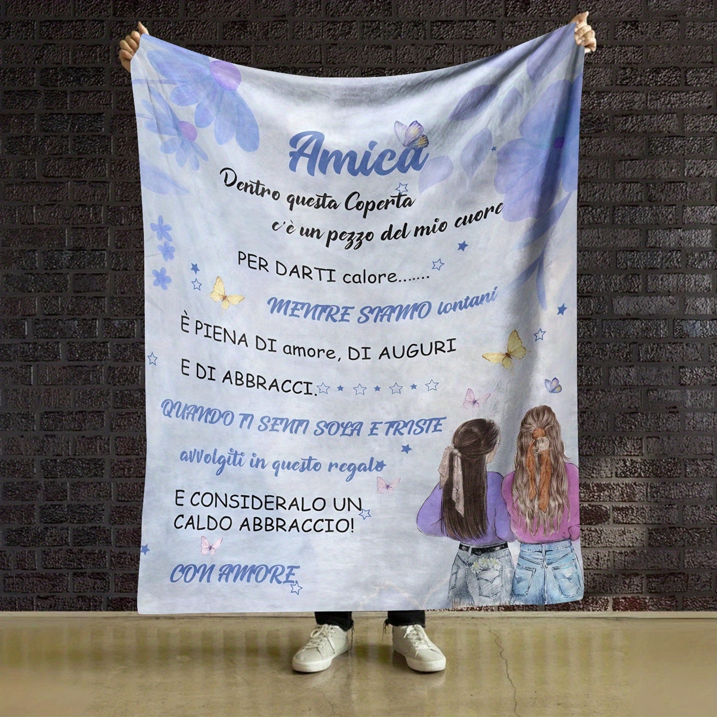 Stay warm and stylish with the Amica Personalized Italian Text Throw Blanket. Featuring a luxurious purple theme digital print on soft flannel fleece, this all-season cozy cabin style blanket is perfect for nap time. Expertly crafted from polyester with