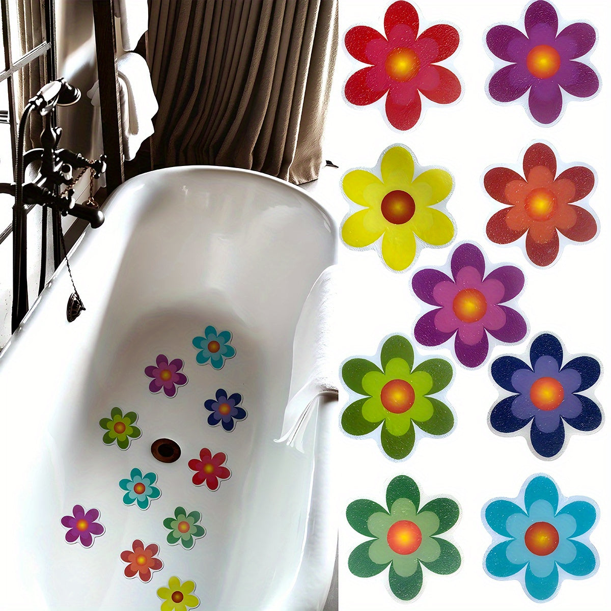 Set of 10 Flower Shape Anti-Slip Stickers for Bathtub and Bathroom with Self-Adhesive Pads, 8.0cm in size