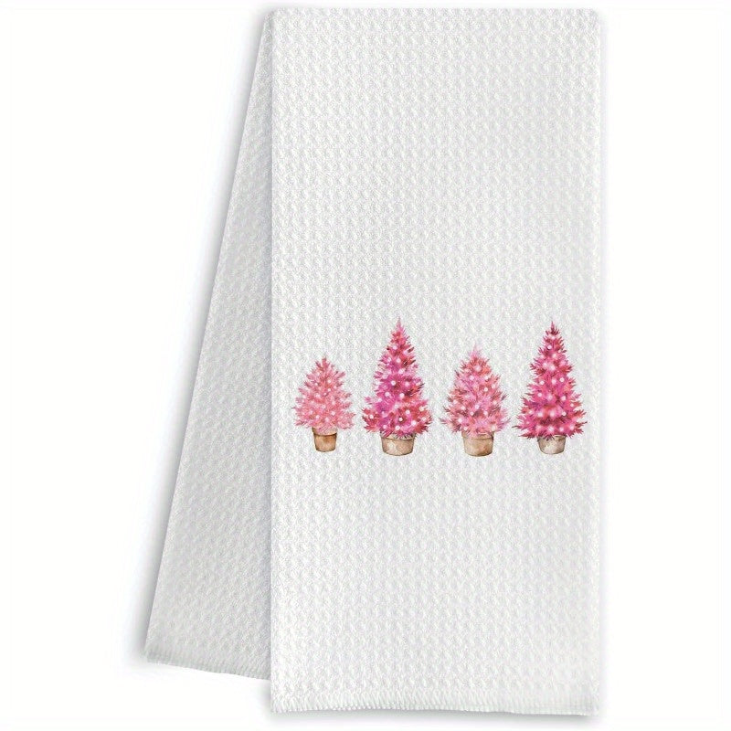 Pink Christmas Tree Kitchen Towel Set, Includes Merry Christmas Tree Hand Towel and Kitchen Dish Towel (Suitable for Kitchen or Bathroom Use), Perfect for Christmas Kitchen and Bathroom Decor, Size: 45.72X66.04cm