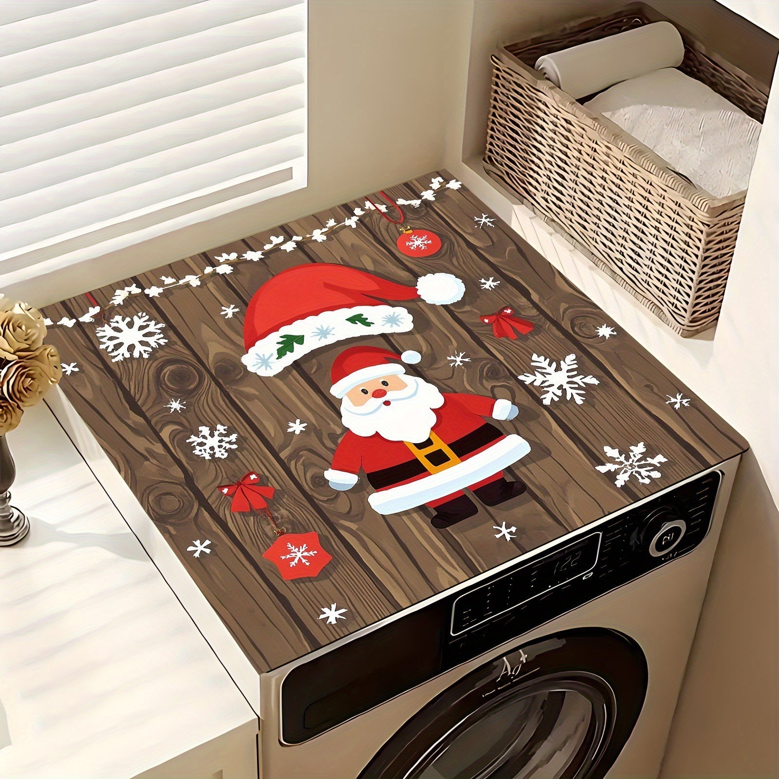 This festive rubber dish drying mat showcases Christmas decorations, holiday party elements, gifts, trees, Santa Claus, bells, and more. It is a versatile kitchen accessory that can be used for drying dishes, protecting countertops, as absorbent