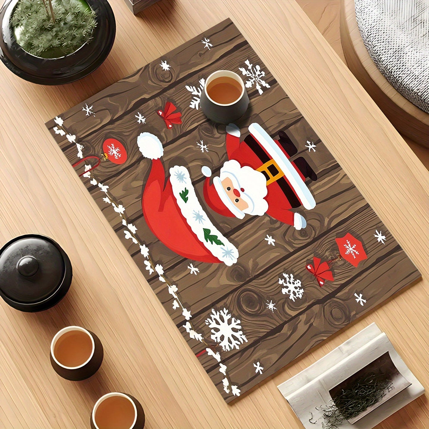 This festive rubber dish drying mat showcases Christmas decorations, holiday party elements, gifts, trees, Santa Claus, bells, and more. It is a versatile kitchen accessory that can be used for drying dishes, protecting countertops, as absorbent