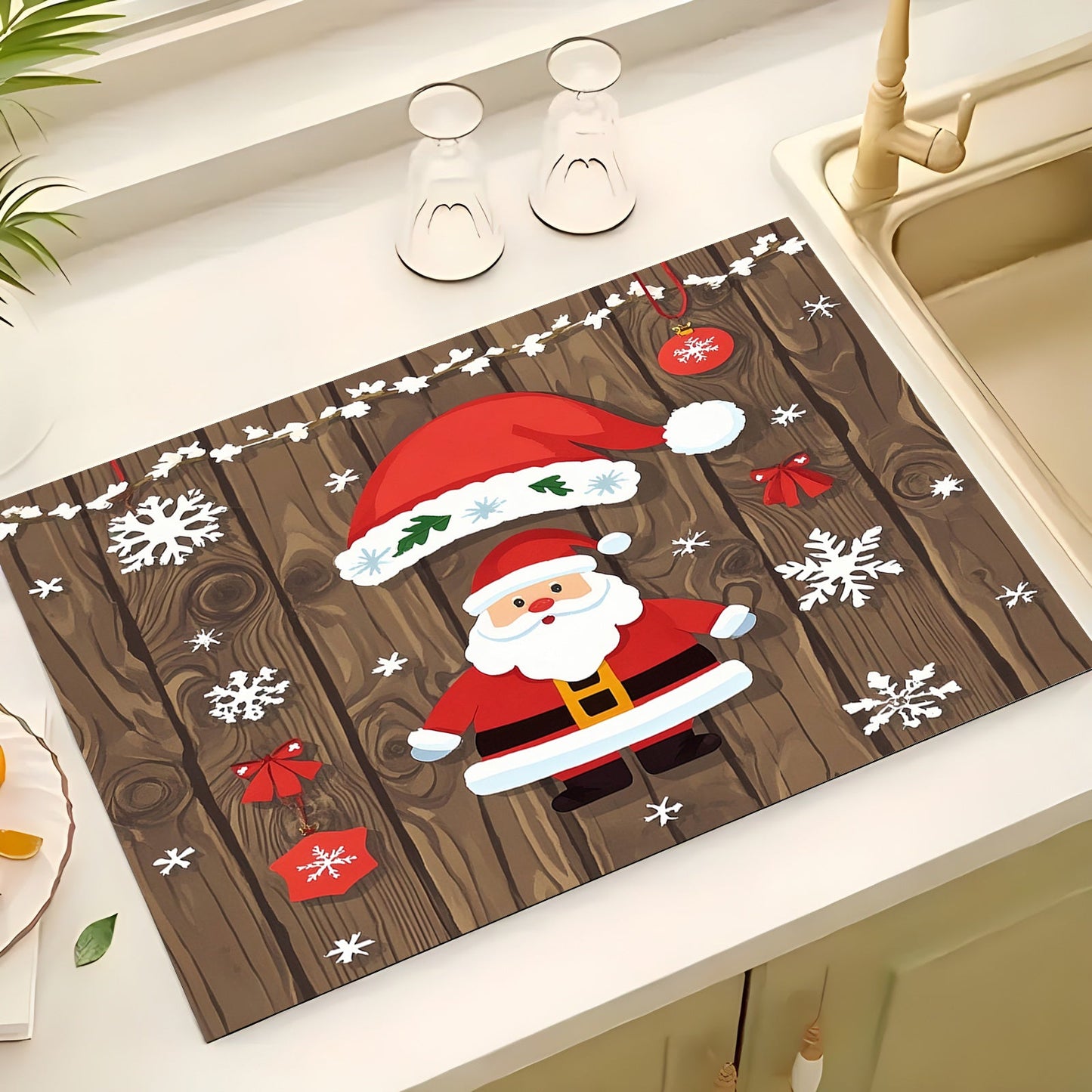 This festive rubber dish drying mat showcases Christmas decorations, holiday party elements, gifts, trees, Santa Claus, bells, and more. It is a versatile kitchen accessory that can be used for drying dishes, protecting countertops, as absorbent