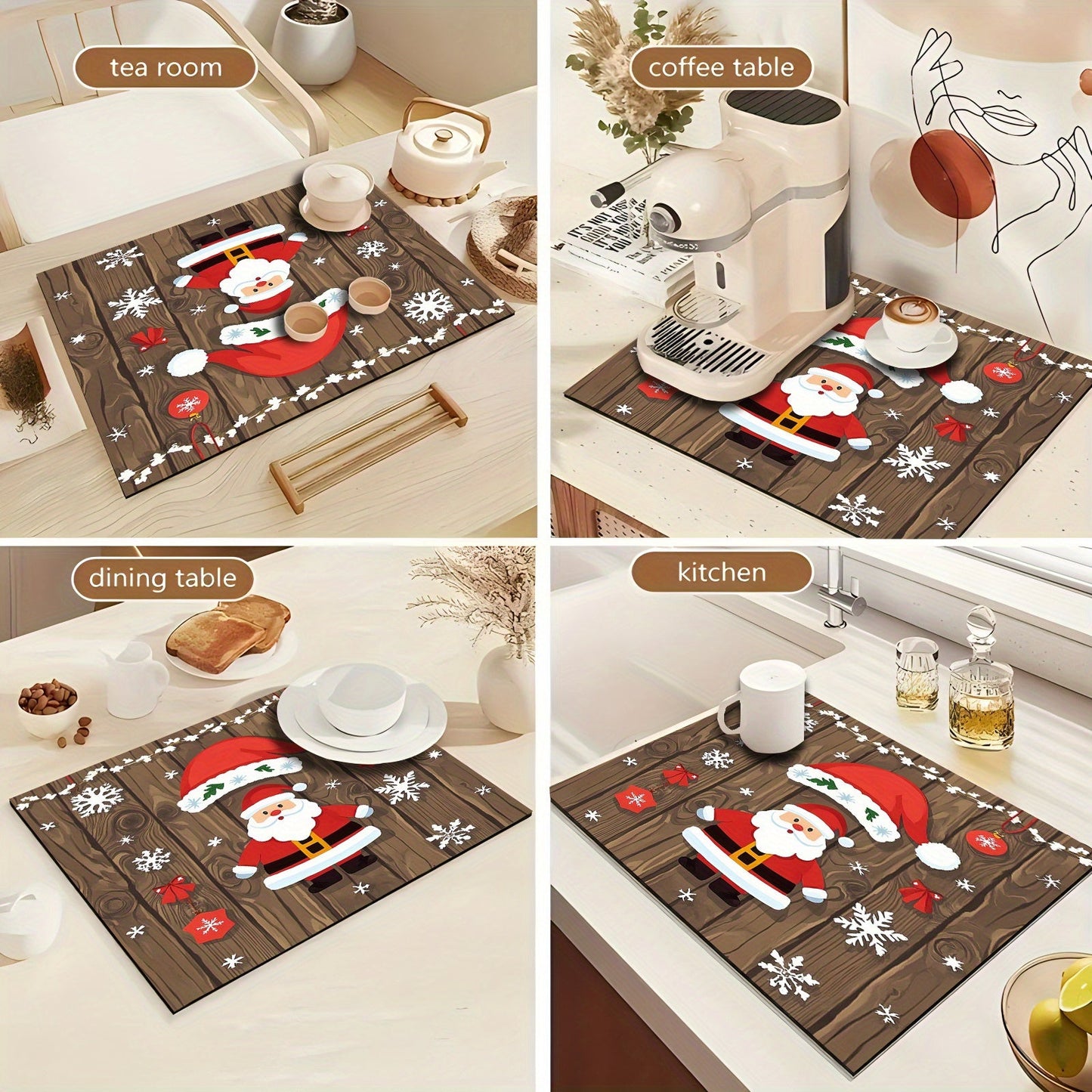 This festive rubber dish drying mat showcases Christmas decorations, holiday party elements, gifts, trees, Santa Claus, bells, and more. It is a versatile kitchen accessory that can be used for drying dishes, protecting countertops, as absorbent