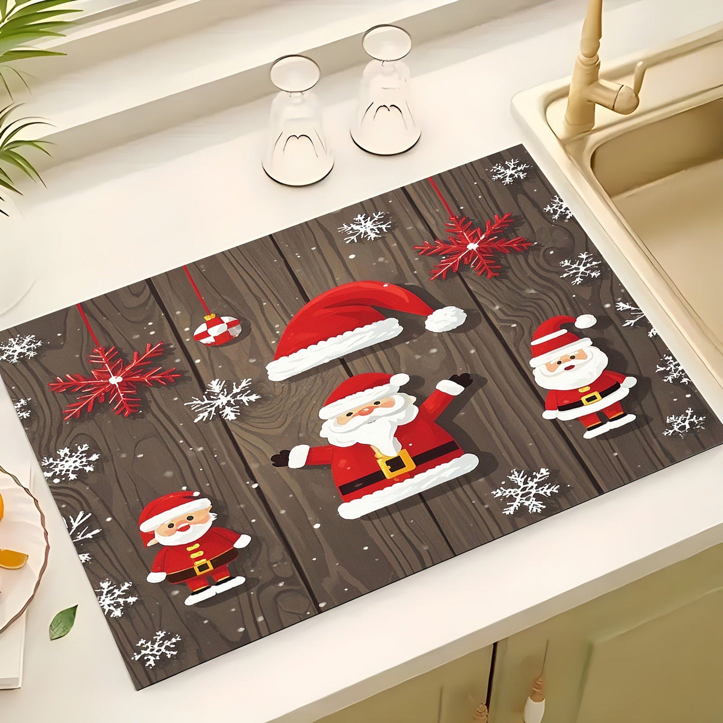 This rubber dish drying mat is adorned with festive Christmas decorations, creating a holiday party atmosphere with elements such as Christmas gifts, trees, Santa Claus, bells, and more. It is a versatile kitchen accessory that can be used for drying