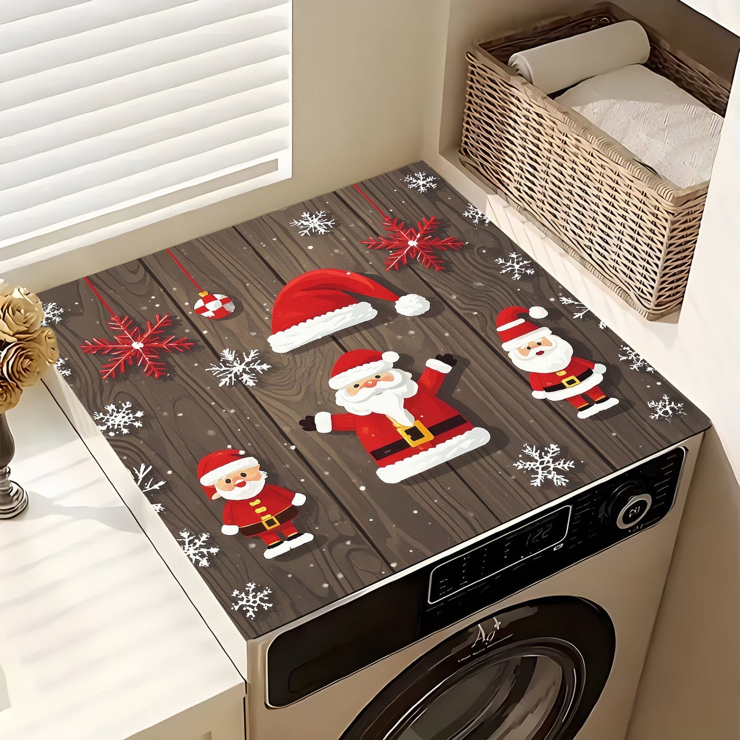 This rubber dish drying mat is adorned with festive Christmas decorations, creating a holiday party atmosphere with elements such as Christmas gifts, trees, Santa Claus, bells, and more. It is a versatile kitchen accessory that can be used for drying