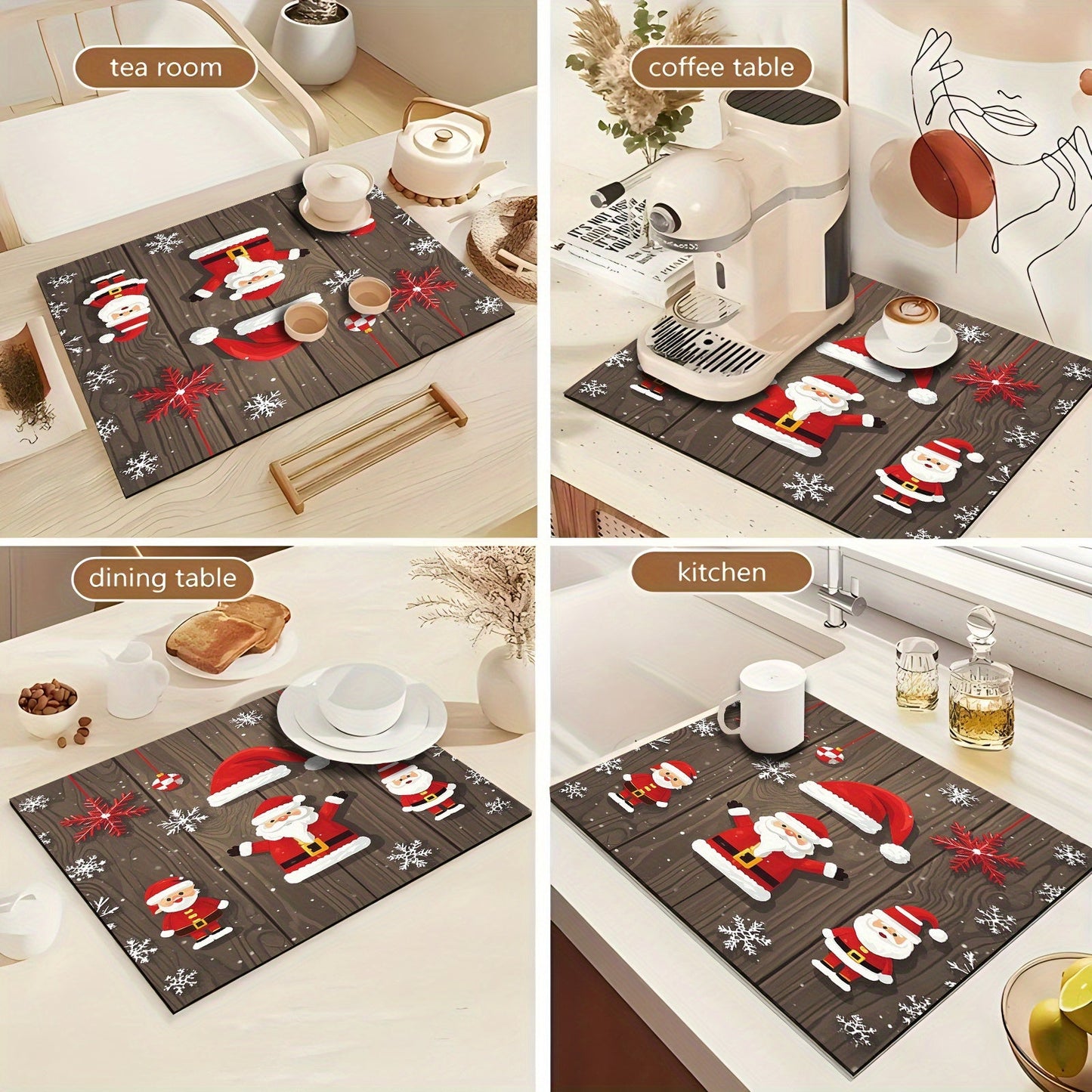 This rubber dish drying mat is adorned with festive Christmas decorations, creating a holiday party atmosphere with elements such as Christmas gifts, trees, Santa Claus, bells, and more. It is a versatile kitchen accessory that can be used for drying