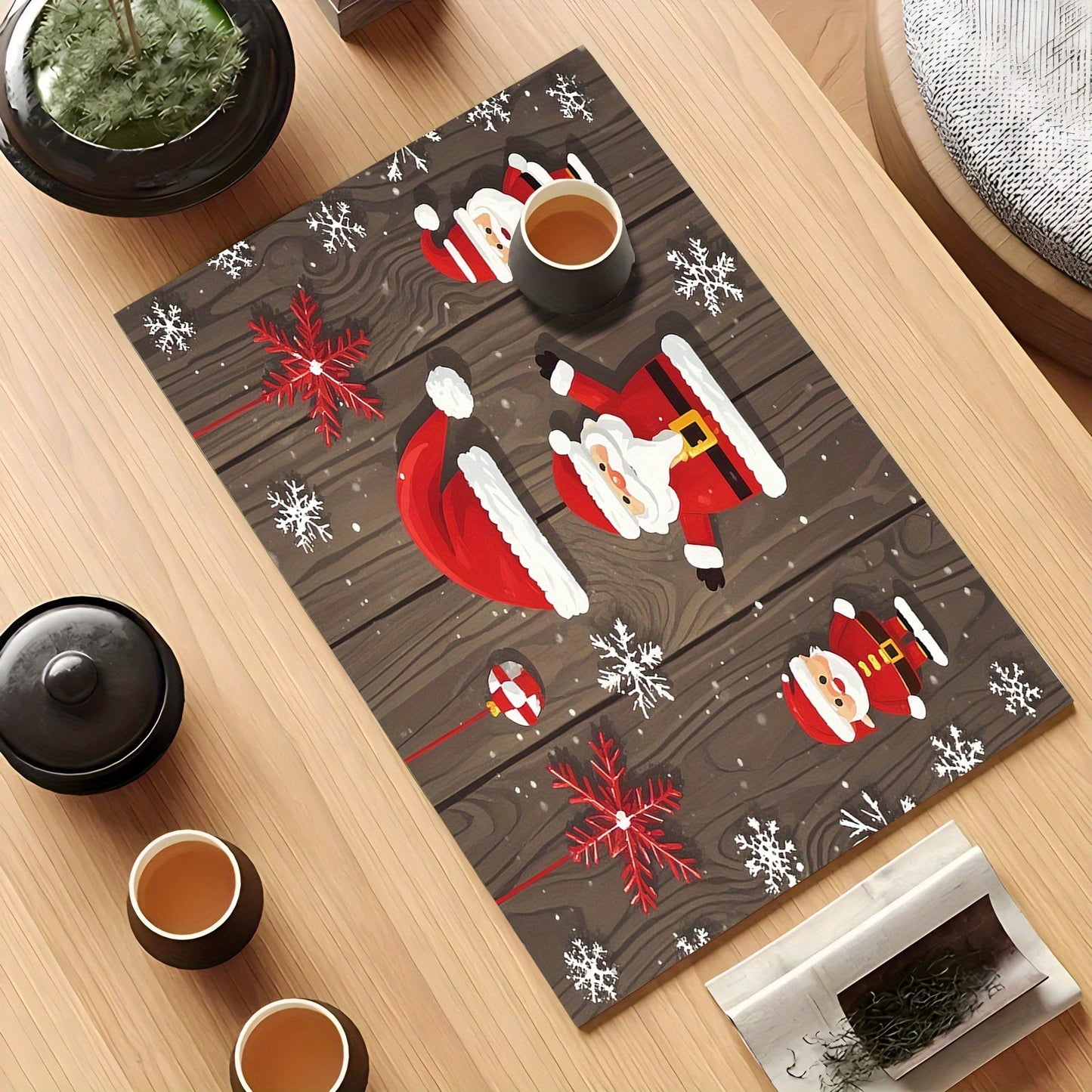 This rubber dish drying mat is adorned with festive Christmas decorations, creating a holiday party atmosphere with elements such as Christmas gifts, trees, Santa Claus, bells, and more. It is a versatile kitchen accessory that can be used for drying