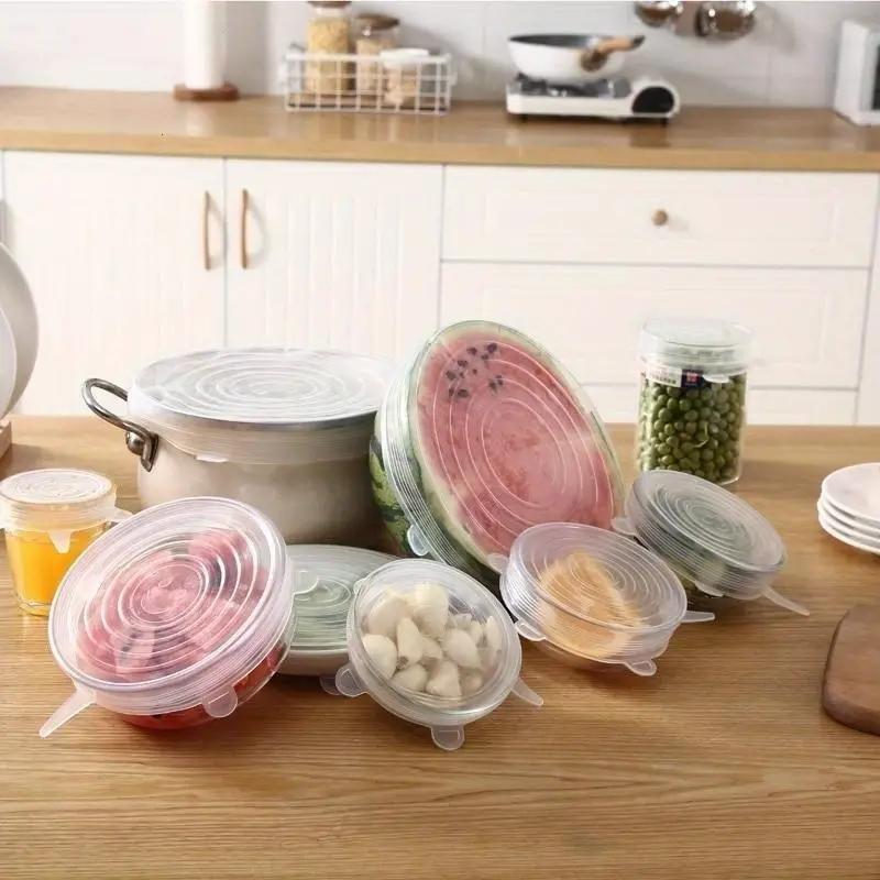 A collection of 6 versatile silicone stretch lids, designed to fit various sizes of bowls and pots for food storage. Includes a fresh microwave cover and other kitchenware accessories.