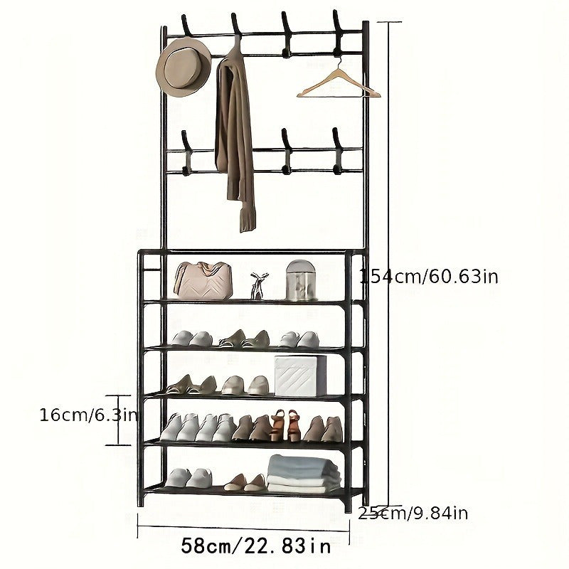 Premium Carbon Steel Coat Rack and 5-Tier Shoe Shelf Combo - Convenient Foldable Design for Entryway Storage - Double-Row Hooks for Coats, Hats, Bags, and More - Available in Black or White - Simple Self Assembly