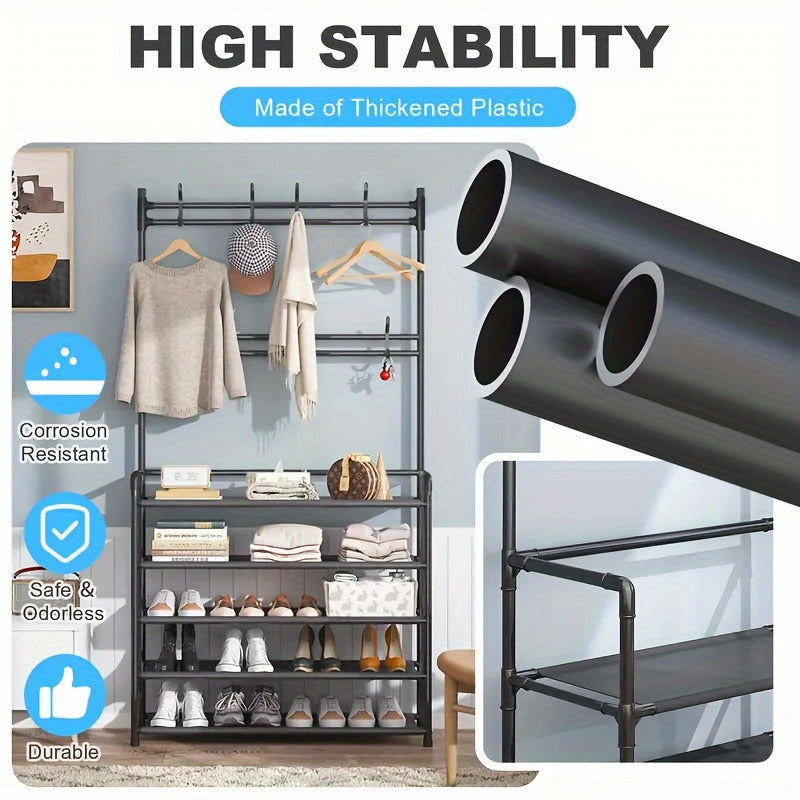 Premium Carbon Steel Coat Rack and 5-Tier Shoe Shelf Combo - Convenient Foldable Design for Entryway Storage - Double-Row Hooks for Coats, Hats, Bags, and More - Available in Black or White - Simple Self Assembly