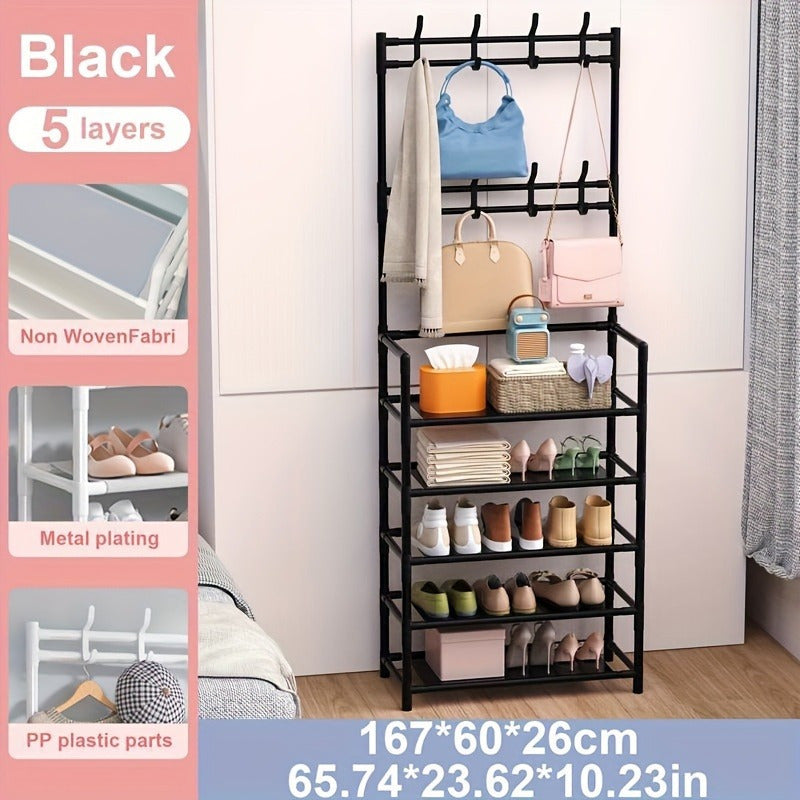 Premium Carbon Steel Coat Rack and 5-Tier Shoe Shelf Combo - Convenient Foldable Design for Entryway Storage - Double-Row Hooks for Coats, Hats, Bags, and More - Available in Black or White - Simple Self Assembly