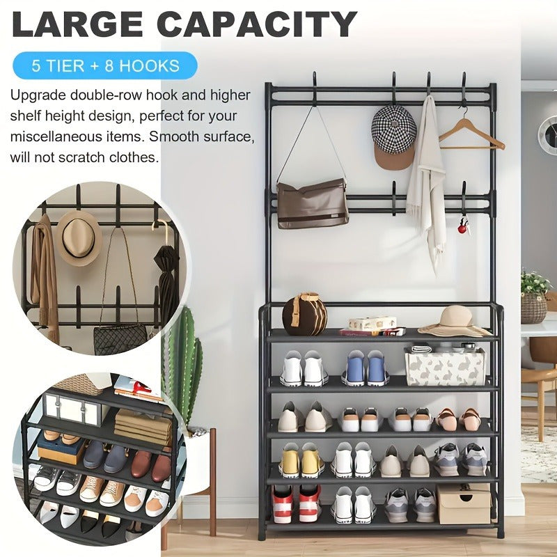 Premium Carbon Steel Coat Rack and 5-Tier Shoe Shelf Combo - Convenient Foldable Design for Entryway Storage - Double-Row Hooks for Coats, Hats, Bags, and More - Available in Black or White - Simple Self Assembly