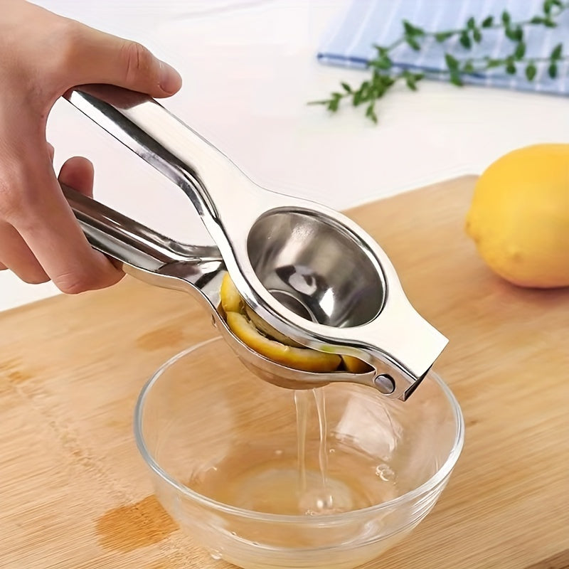 Single piece of a multifunctional citrus juicer that creatively and manually extracts juice from lemons and oranges. Made of stainless steel, it is a must-have kitchen gadget for squeezing citrus fruits.