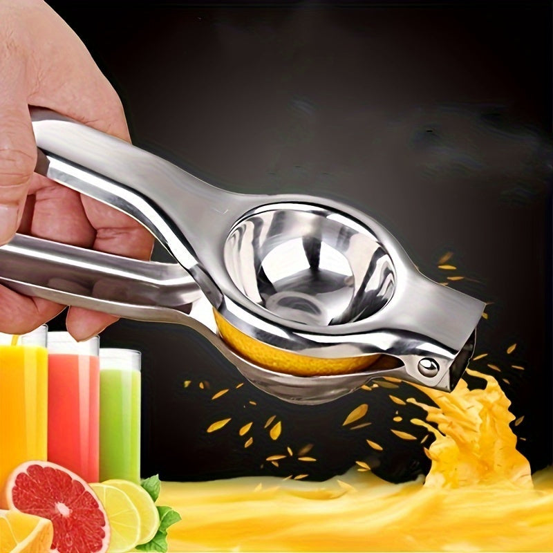 Single piece of a multifunctional citrus juicer that creatively and manually extracts juice from lemons and oranges. Made of stainless steel, it is a must-have kitchen gadget for squeezing citrus fruits.