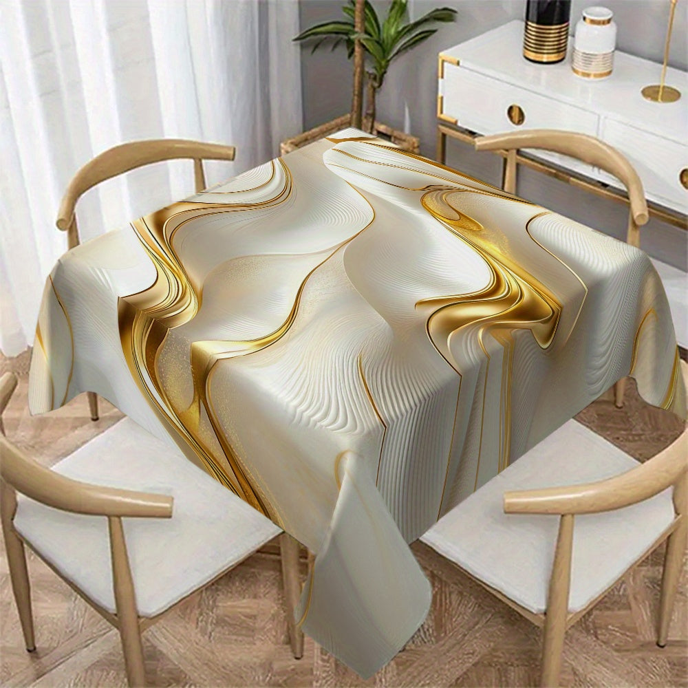 Golden white patterned polyester tablecloth, rectangle shape, machine made for dining and office use.