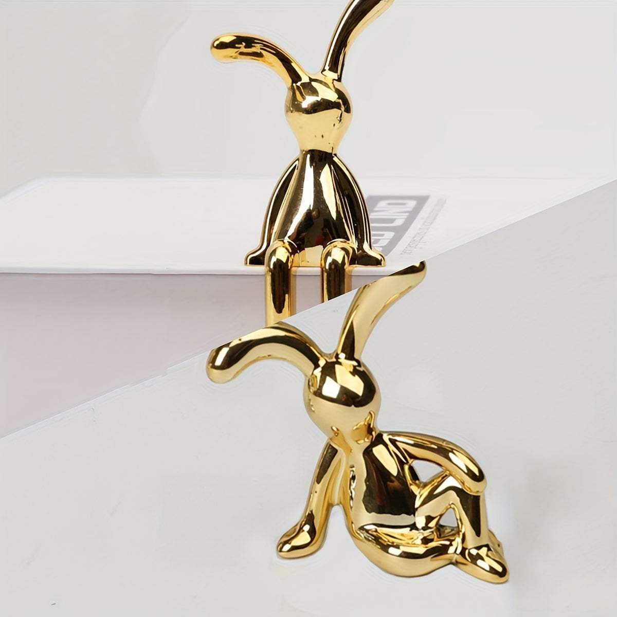 Golden and silver sitting rabbit figurines - Elegant bunny statues for home, office, and cafe decor.