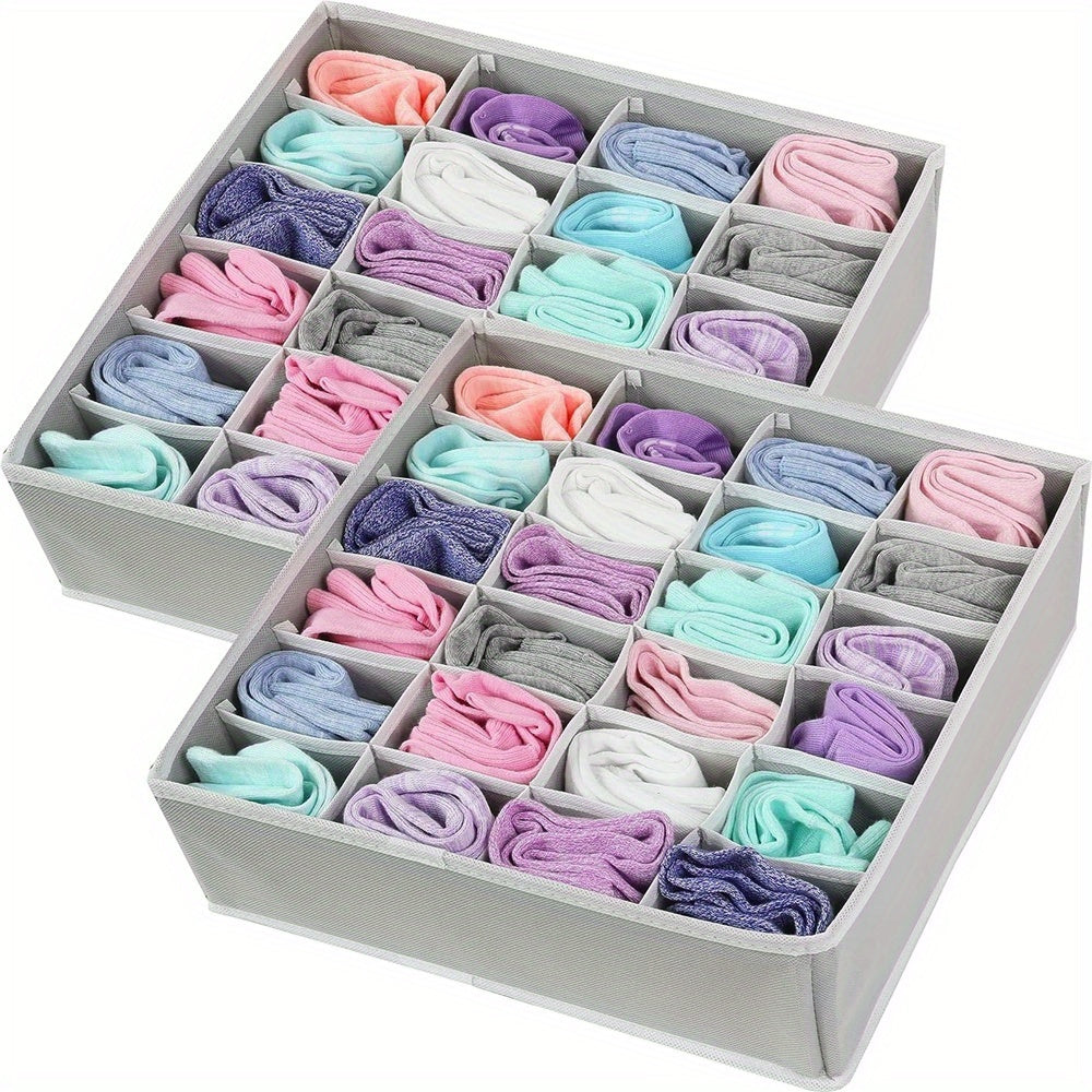 Sock drawer organizer with collapsible 24-grid design for women's accessories, underwear, socks, handkerchiefs, ties, and belts. Space-saving and multipurpose home storage solution.