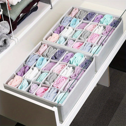 Sock drawer organizer with collapsible 24-grid design for women's accessories, underwear, socks, handkerchiefs, ties, and belts. Space-saving and multipurpose home storage solution.