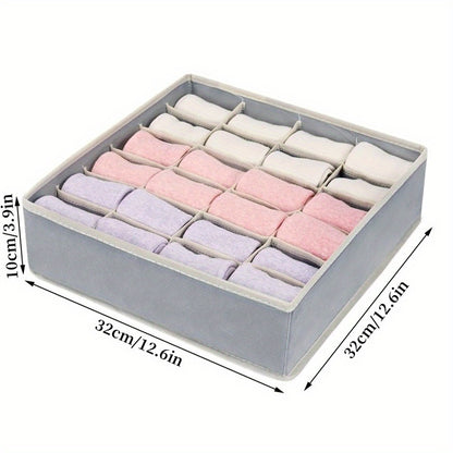 Sock drawer organizer with collapsible 24-grid design for women's accessories, underwear, socks, handkerchiefs, ties, and belts. Space-saving and multipurpose home storage solution.