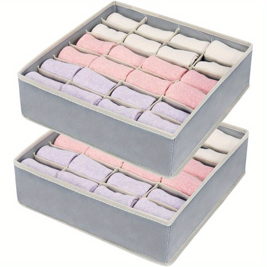 Sock drawer organizer with collapsible 24-grid design for women's accessories, underwear, socks, handkerchiefs, ties, and belts. Space-saving and multipurpose home storage solution.