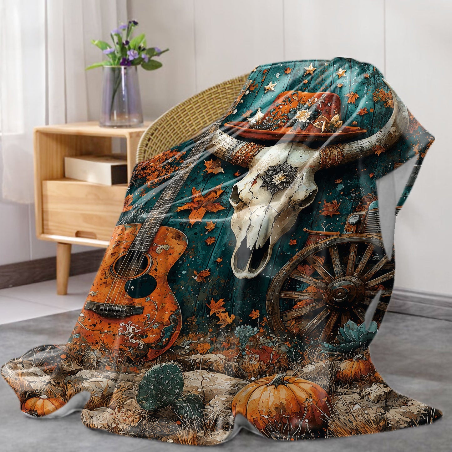 Watercolor Print Western Cowboy Elements Flannel Throw Blanket - 1 Piece, Soft and Cozy All-Season Polyester Knitted Blanket for Bed, Sofa, Office, or Camping - Featuring Mid-century Style with Digital Print, 200-250 g/㎡