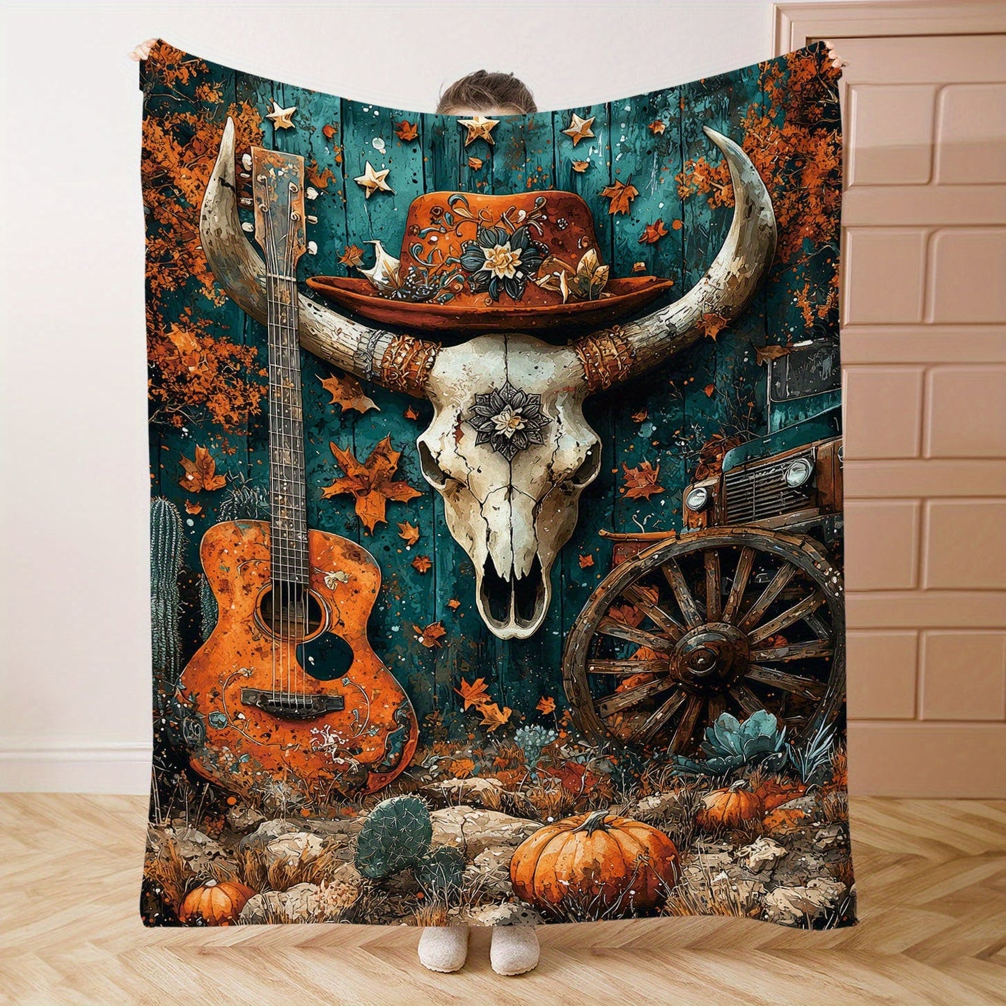 Watercolor Print Western Cowboy Elements Flannel Throw Blanket - 1 Piece, Soft and Cozy All-Season Polyester Knitted Blanket for Bed, Sofa, Office, or Camping - Featuring Mid-century Style with Digital Print, 200-250 g/㎡