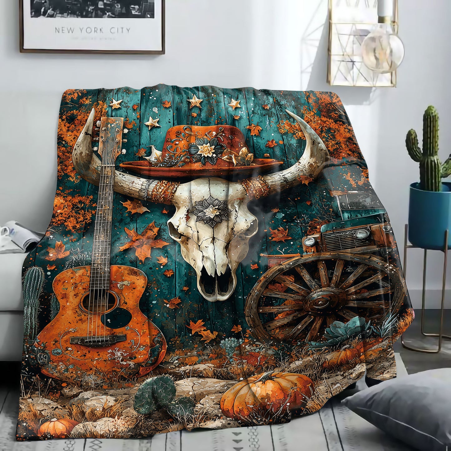 Watercolor Print Western Cowboy Elements Flannel Throw Blanket - 1 Piece, Soft and Cozy All-Season Polyester Knitted Blanket for Bed, Sofa, Office, or Camping - Featuring Mid-century Style with Digital Print, 200-250 g/㎡