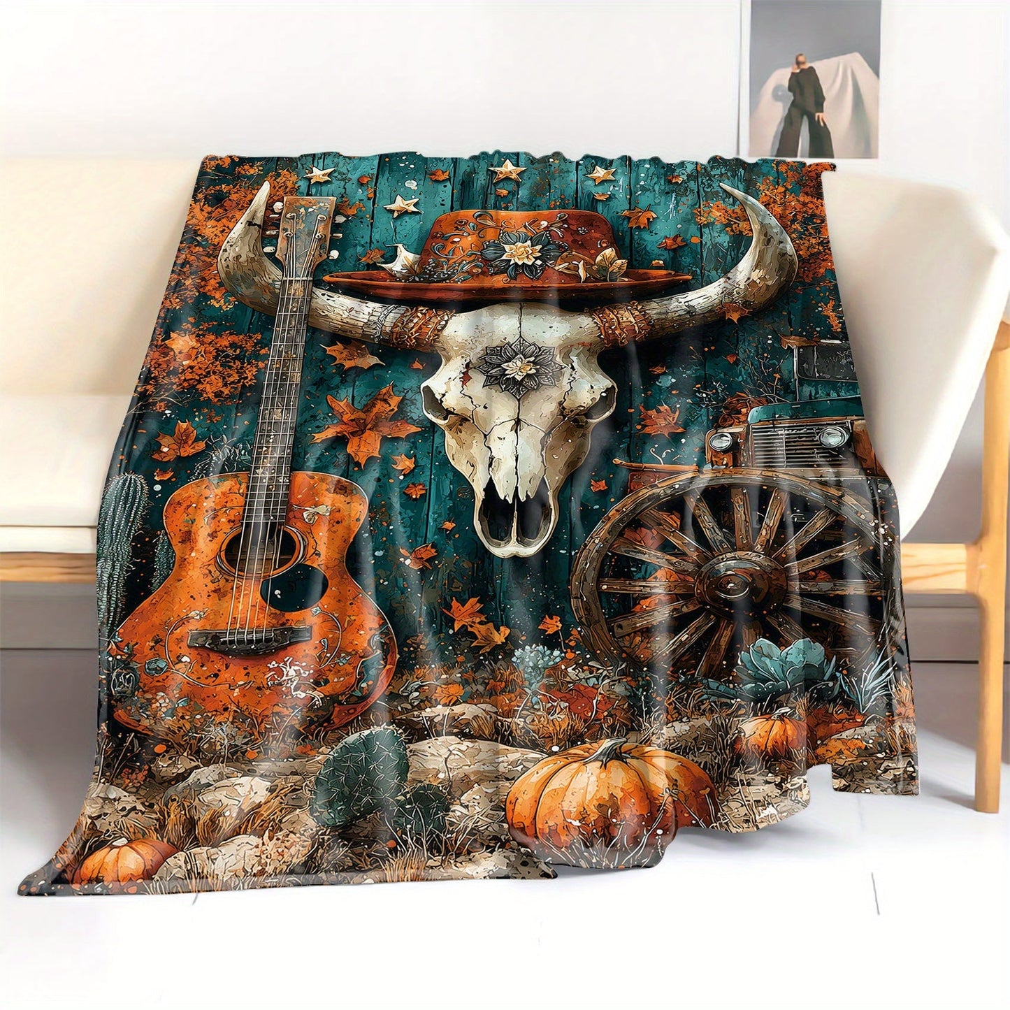 Watercolor Print Western Cowboy Elements Flannel Throw Blanket - 1 Piece, Soft and Cozy All-Season Polyester Knitted Blanket for Bed, Sofa, Office, or Camping - Featuring Mid-century Style with Digital Print, 200-250 g/㎡