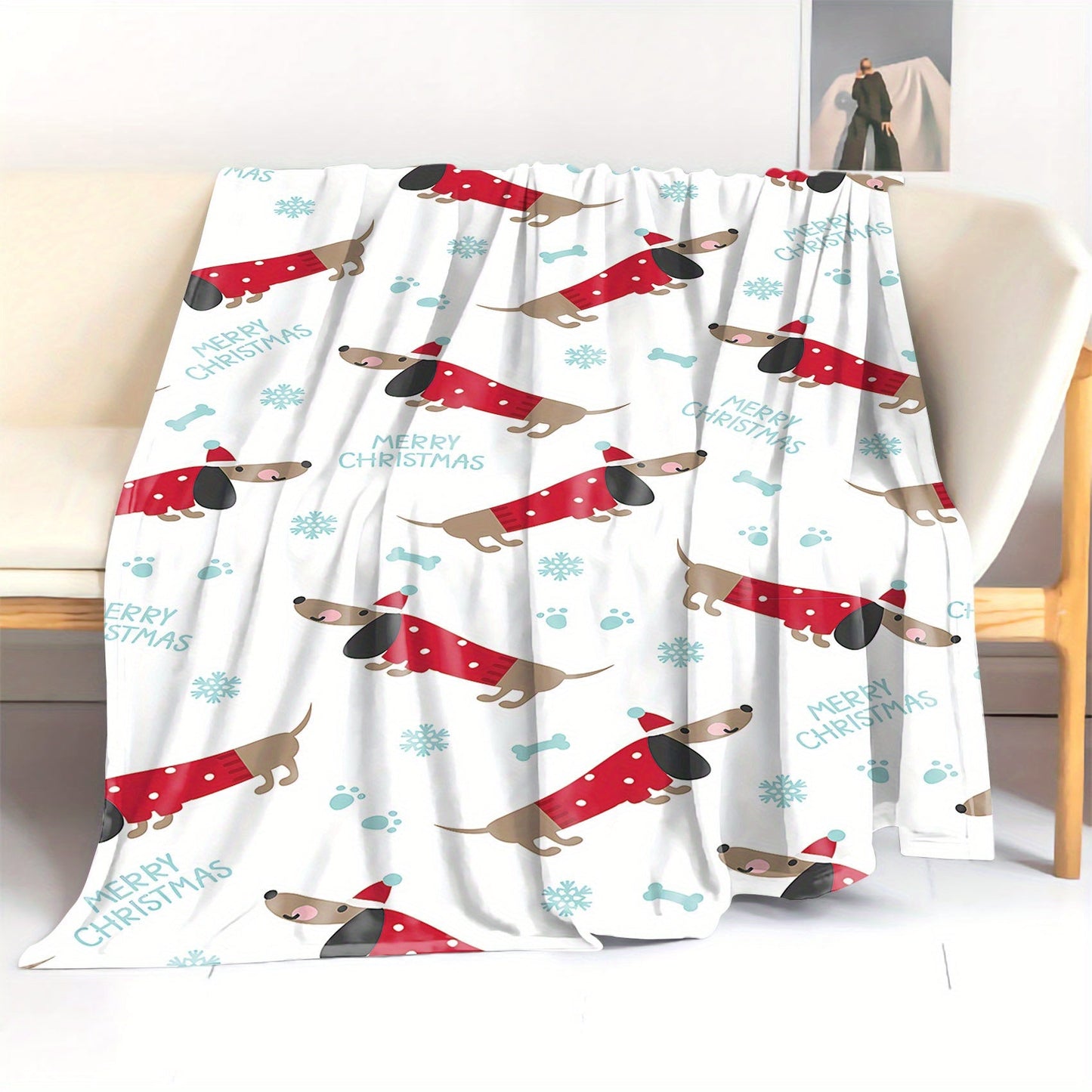 One-Piece Mid-Century Modern Christmas Dachshund Flannel Throw Blanket - Cozy Knitted Polyester, Cartoon Dog Print, Mixed Colors, All-Season Softness